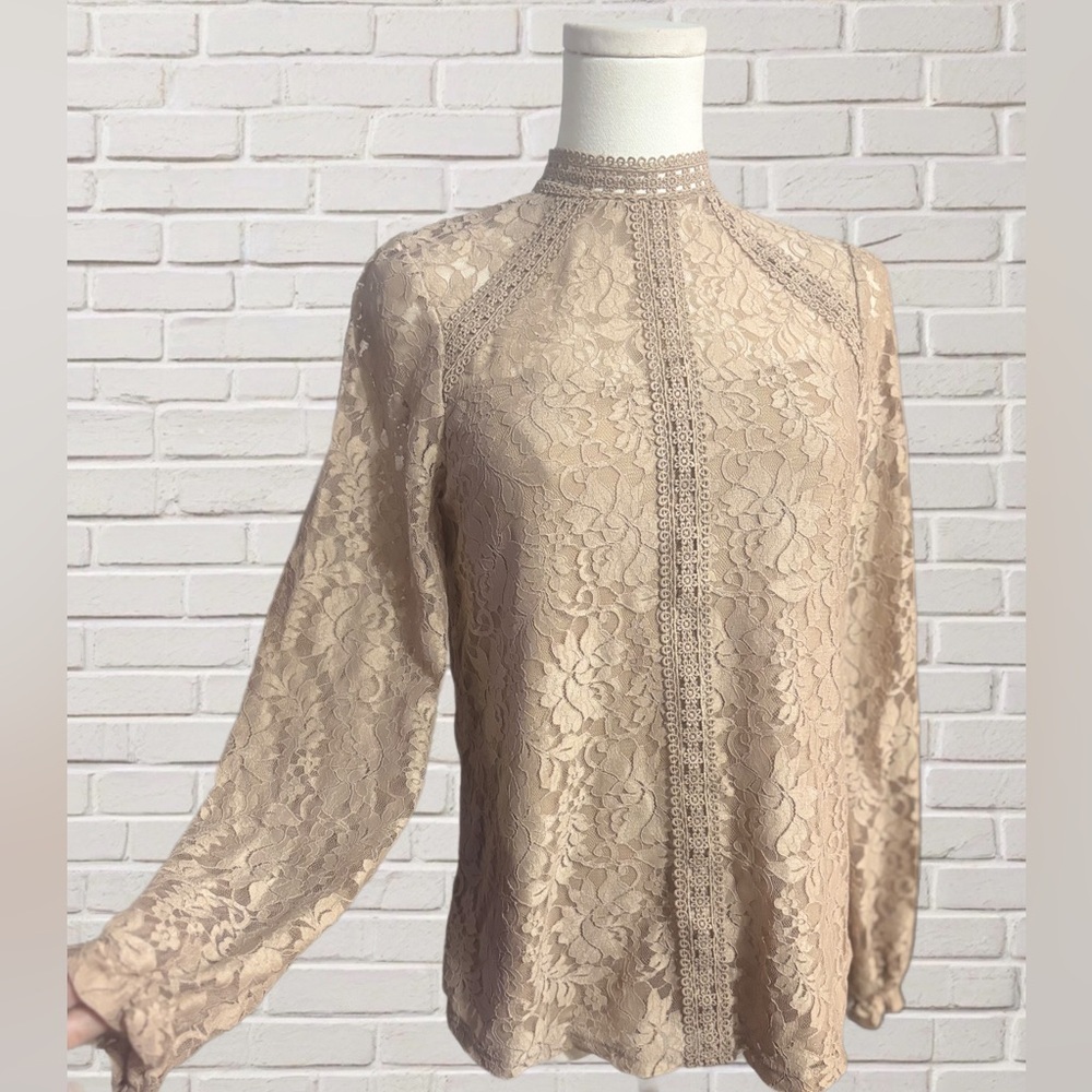 Taupe Floral Lace High Neck Blouse Long Sleeve Romantic Prarie Dressy Top